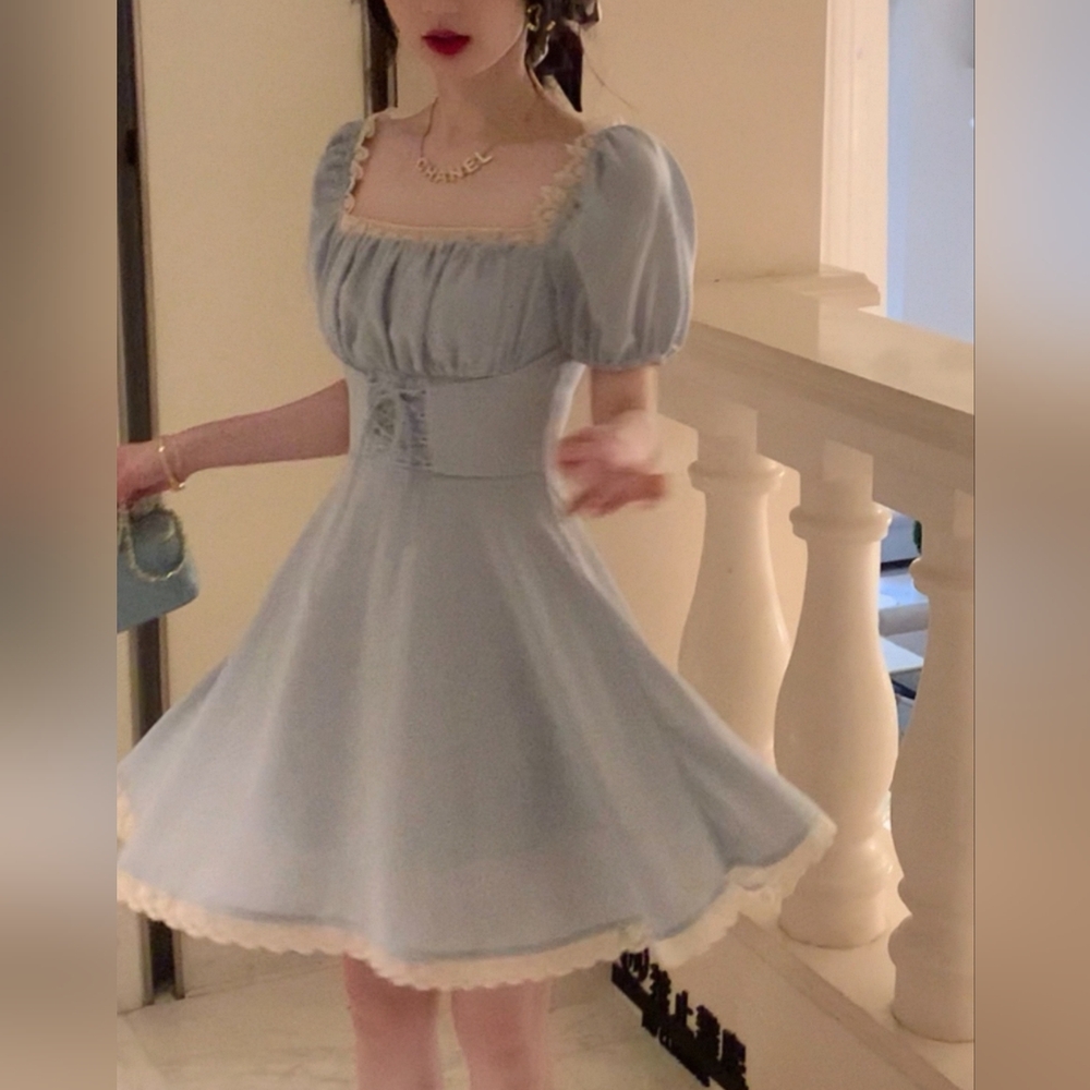 Elegant Light Blue Puff Sleeve Fit-and-Flare Dress